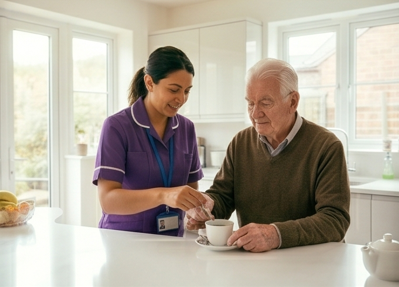 visiting carer helping a client with a meal at home — AliMo Care, Bristol